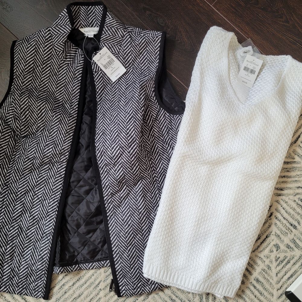 Black and White Herringbone Vest and White Sweater